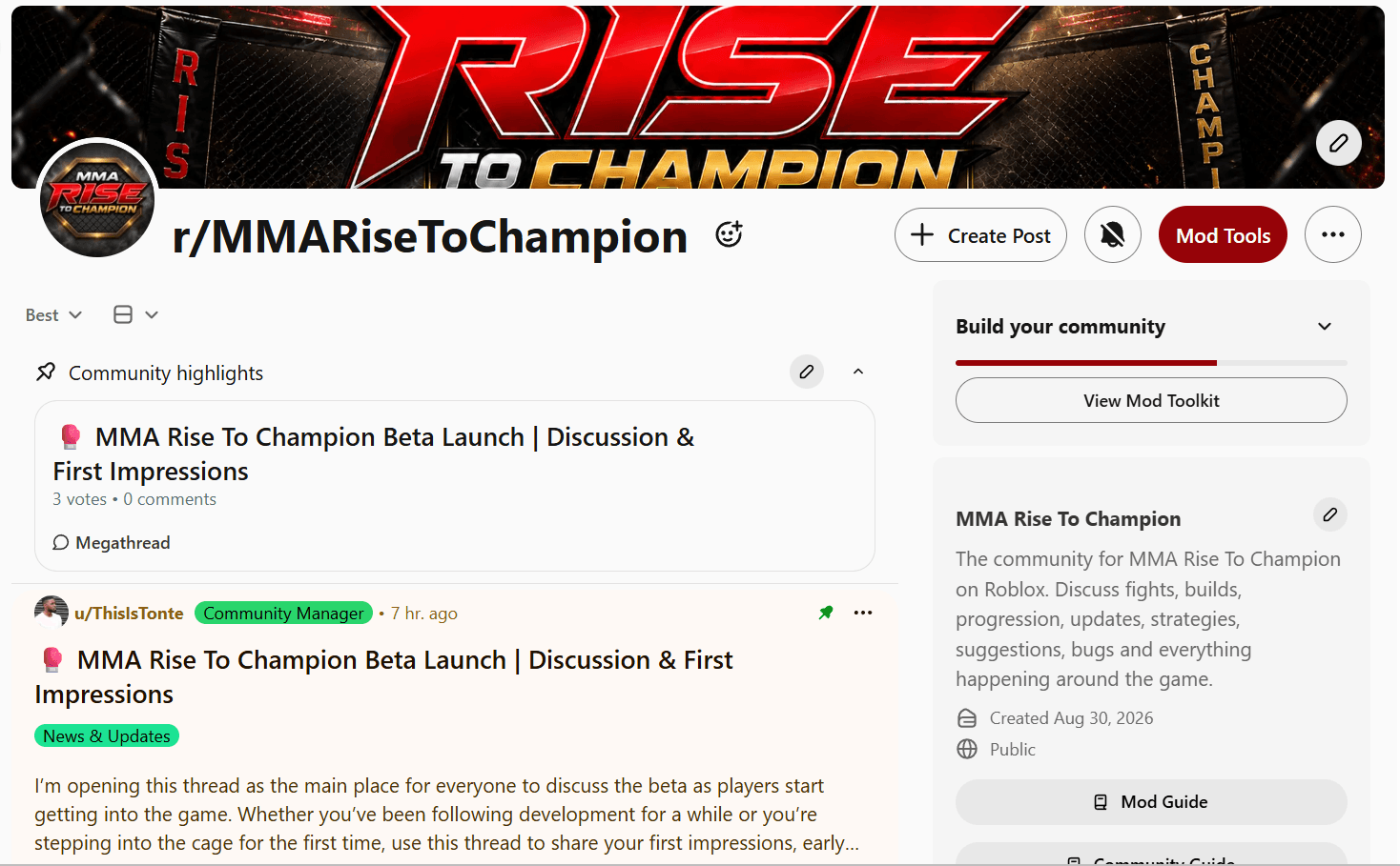 The MMA Rise To Champion subreddit showing its beta launch discussion and community information